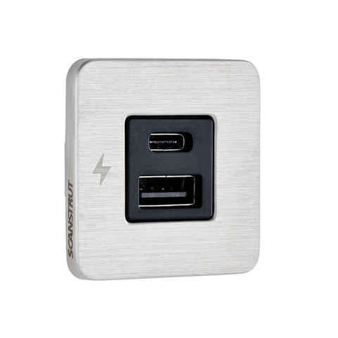 Scanstrut SC-TILE-11 USB-A & USB-C Interior Charging Socket, 12/24V Ultra-Low Profile Fast Charger, Brushed Stainless Steel Bezel, Flush-Mount USB Charger for Boats, RVs & Vehicles