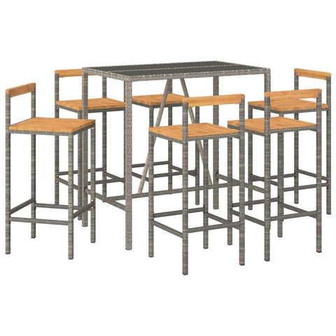 vidaXL Patio Bar Set 7 Piece, Bar Table with Glass Top, Wicker Outdoor Bar Set for Backyard Patio Poolside, Gray Poly Rattan and Solid Wood Acacia