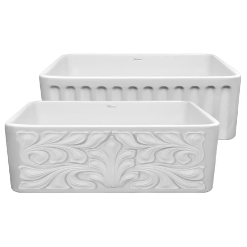 Whitehaus Collection WHFLGO3018 30-Inch White Reversible Series Fireclay Sink with a Gothichaus Front Apron One Side and Fluted Front Apron on the Opposite Side