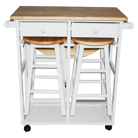 Oakestry Drop Leaf Breakfast Cart White Solid Wood Kitchen Island Rolling Table with Two Stools Storage Shelves Expandable Compact Dining Prep Station Space Saving Versatile Furniture Locking Wheels