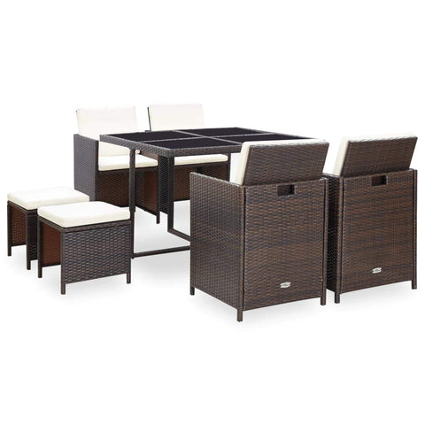 vidaXL Patio Dining Set with Cushions - 9 Piece Outdoor Furniture - Comfortable and Stylish Poly Rattan Brown with Weather-Resistant Design and Easy Assembly