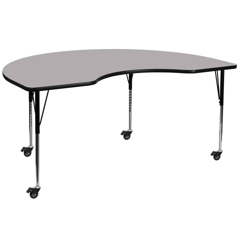 Flash Furniture Mobile 48''W x 72''L Kidney Grey Thermal Laminate Activity Table - Standard Height Adjustable Legs