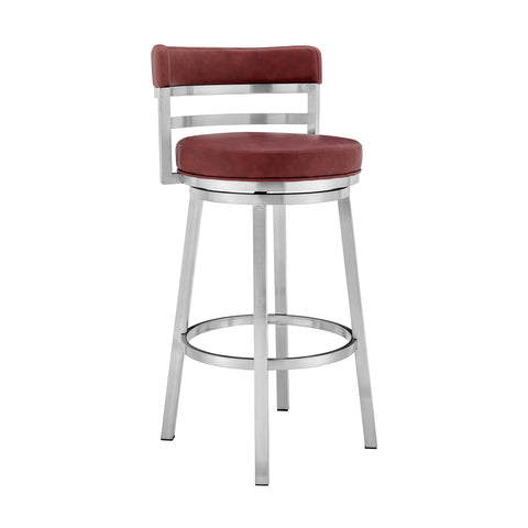 Armen Living Madrid 26" Seat Height Swivel Modern Red Faux Leather and Brushed Stainless Steel Bar Stool for Kitchen Island Counter
