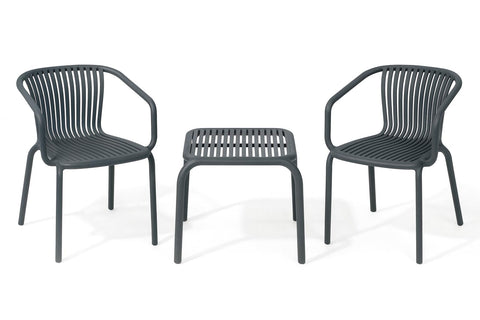 Brene 3-Piece Contract Grade Outdoor Chat Set, Side Table and 2 Stackable Lounge Chairs, Fade-Resistant, Weatherproof Patio Furniture for Backyard, Deck, Balcony and Café - Charcoal