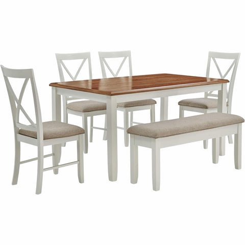 Oakestry Jane Brown 6-Piece Dining Set with Four Chairs & Bench, Solid Wood Construction, Honey Brown & Vanilla White Two-Tone Finish, Upholstered Seating for 6
