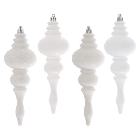 Vickerman 7" White 4-Finish Finial Ornament, 8 per Box, Shatterproof Plastic Christmas Tree Decoration, 8 Pack, White Shiny, Matte, Glitter and Sequin Finishes