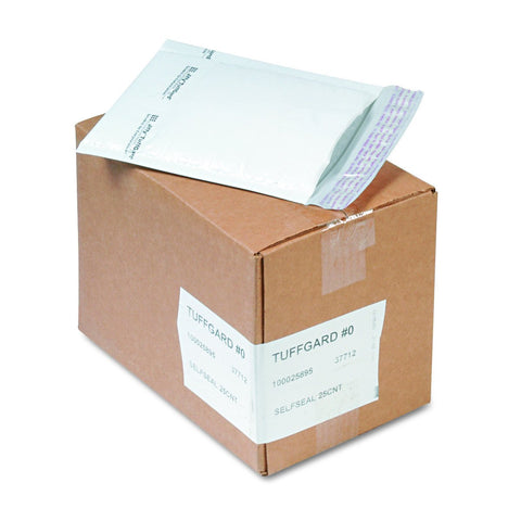 Sealed Air Jiffy TuffGard Self-Seal Cushioned Mailer, #0, Barrier Bubble Air Cell Cushion, Self-Adhesive Closure, 6 x 10, White, 25/CT