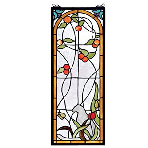 Meyda Tiffany 67117 Cat & Tulips Stained Glass Window Panel, 9" Width x 25" Height