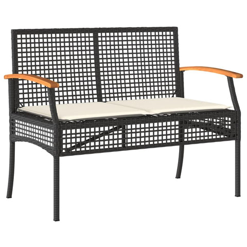 vidaXL Patio Bench with Cushion - Black Poly Rattan and Acacia Wood Outdoor Loveseat for Garden, Patio, Deck - Comfortable Seating with Removable Cover