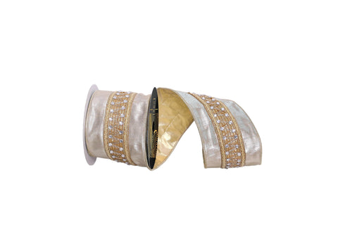 Vickerman 4" x 5 Yards Champagne with Silver Jewels Wired Edge Christmas Ribbon.