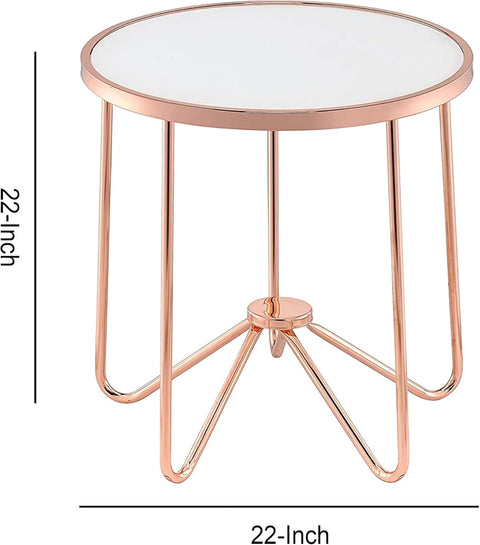 Acme Alivia Round Glass Top End Table in Frosted Glass and Rose Gold