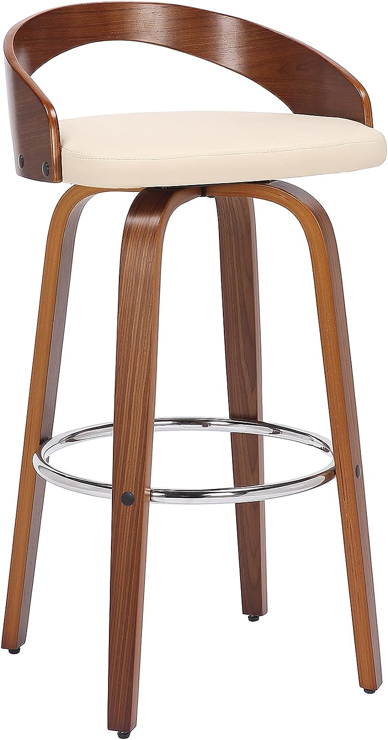 Armen Living Sonia 26" Counter Height Swivel Cream Faux Leather and Walnut Wood Bar Stool