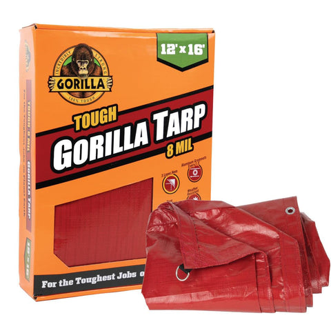 Gorilla Tough Tarp 12 ft x 16 ft Heavy-Duty Waterproof Polyethylene, 8 mil Thick, UV Treated with Reinforced Edges & Aluminum Grommets - Durable Outdoor Tarp for Camping, Gardening, Construction