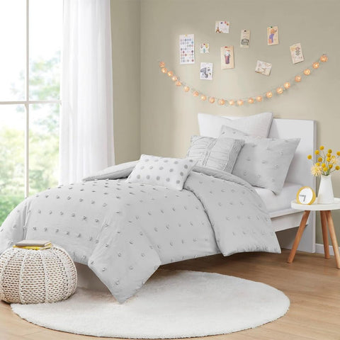 Oakestry 5 Pc 140 Thread Count Shabby Chic Duvet Cover Soft and Breathable Textured Bedding Set with Button Closure All Season Comforter, Twin Size (68 in x 92 in), Grey