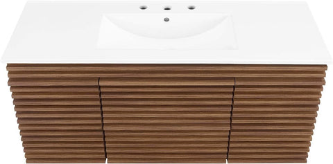 Modway Render 48" Wall-Mount Bathroom Vanity Cabinet with Ceramic Sink Basin in Walnut White