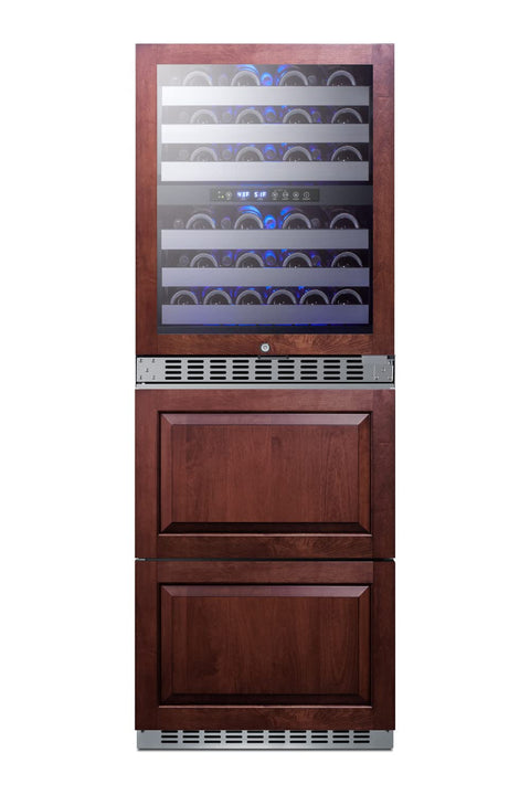 24 wide combination built-in/freestanding upright dual zone wine cellar and 2-drawer refrierator-freezer panel-ready front
