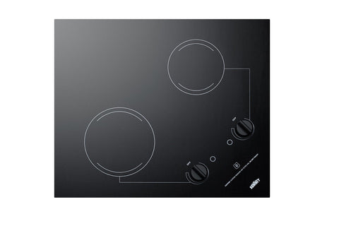 Summit CR2B121 115V 2-Burner 21" Radiant Cooktop For Portrait or Landscape Installation In 20" x 16" Cutouts, Black