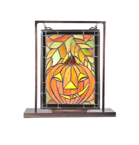 Meyda Tiffany 65267 Jack O'Lantern Lighted Decorative Mini Tabletop Window, 9.5" Width x 10.5" Height