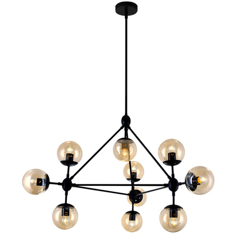 Glow Sputnik Style Chandelier - 10-Light Black Frame with Amber Glass Shades - Atomic Starburst Pendant Light for Dining Room, Kitchen Island