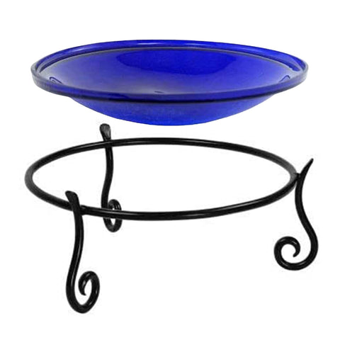 Achla Designs Hand Blown Crackle Glass Garden Birdbath Bowl with Miniature Wrough Iron Stand for Tables, and Tiered Planters, 14 Inches, Cobalt Blue