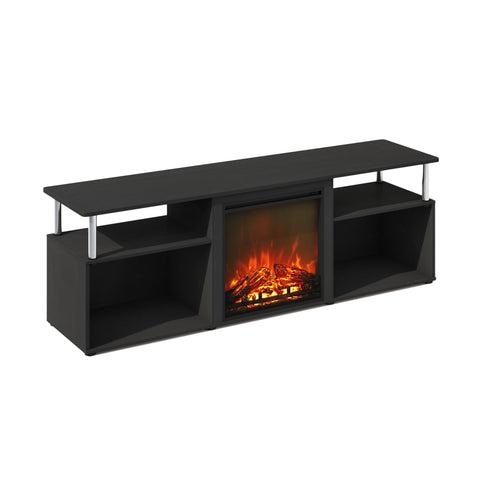Furinno Jensen Open Storage No Heat Decorative Electric Fireplace TV Stand Entertainment Center for TV up to 70 Inch with Stainless Steel Tubes Americano/Stainless Steel