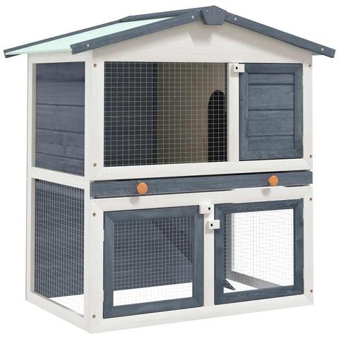 vidaXL Gray Wood Outdoor Rabbit Hutch with 3 Doors - Spacious 2-Tier Design, Weatherproof Roof, Cozy Cubby, Safety Features, Easy Maintenance, Ideal for Small Pets, Rabbits