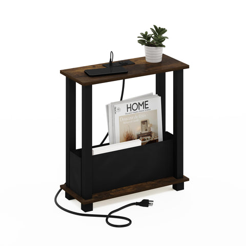 Furinno Turn-S-Tube Side Table, 2-Tier Slim Narrow End Table with Charging Station and Storage Bins, Night Stand, Bedside Table with USB and Type-C Charging Port, for Living Room, Bedroom, Amber Pine