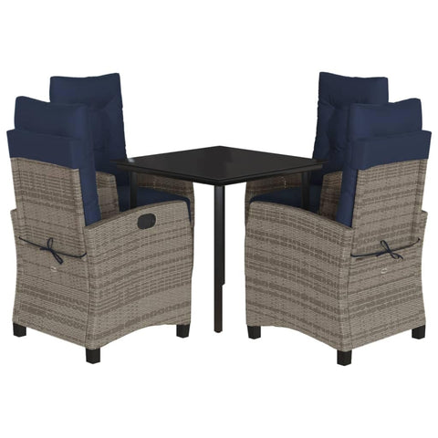 vidaXL 3 Piece Patio Dining Set with Glass Table Top and Adjustable Poly Rattan Recliners - Gray with Navy Blue Cushions