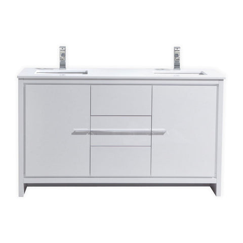KubeBath Dolce 60 in. Freestanding Double Sink Modern Bathroom Vanity with White Quartz Countertop and Cabinet Color Options
