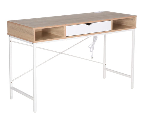JJS 48' Writing Desk with Power Outlet, Home Office Contemporary Large Computer Desk Laptop Workstation with Drawer USB Ports Charging Station, Oak/White