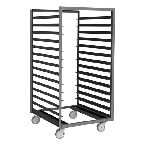 Pan & Tray Truck With 5 Inch X 1-1/4 Inch Polyurethane Bolt-On Casters (4) Swivel With Side Brakes 14 Trays And 4 Inch Spacing Between Shelves Gray
