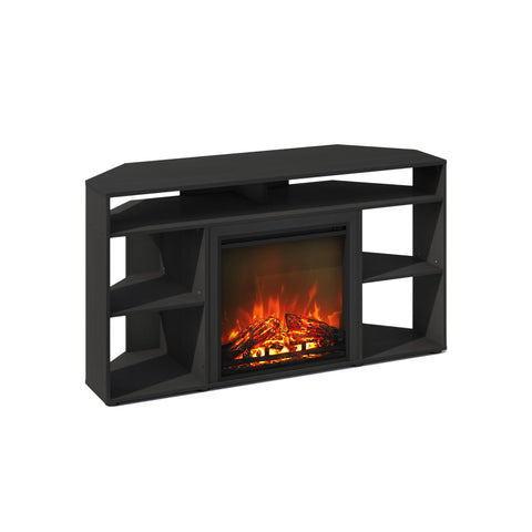 Furinno Jensen Fireplace TV Stand, NO Heat Decorative Electric Fireplace Corner TV Stand for TV up to 55 Inch, with 6 Open Shelves, for Living Room, Americano
