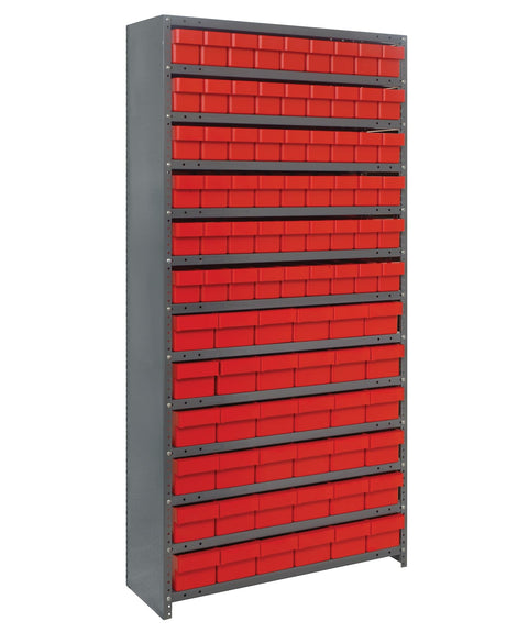 Quantum Storage Systems CL1875-624RD Closed Shelving System with Super Tuff Euro Drawers, 36 QED602 and 54 QED604 Shelf Bins, 18" D x 36" W x 75" H, Red