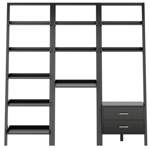 Oakestry Modern Black 3-Piece Leaning Desk and Ladder Shelf Set – Solid Wood Wall-Leaning Workspace & Storage System for Home Office or Living Room