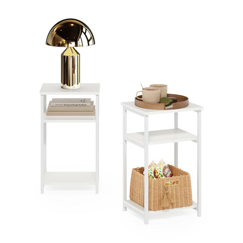 Furinno JUST Side Table Set of 2, 3-Tier Metal Frame Modern End Table with Open Shelf, Night Stand, Bedside Table, for Living Room, Bedroom, White