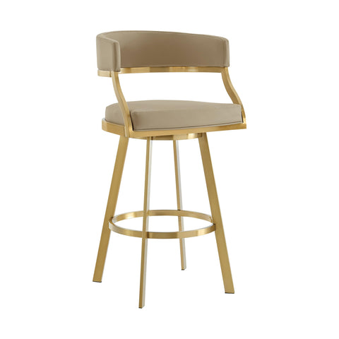 Armen Living Saturn 30" Swivel Bar Stool with Gold Brushed Stainless Steel and Light Sand Faux Leather