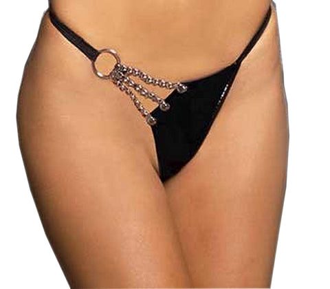 Elegant Moments Women's Vinyl G-string with Chain Detail-black-one Size