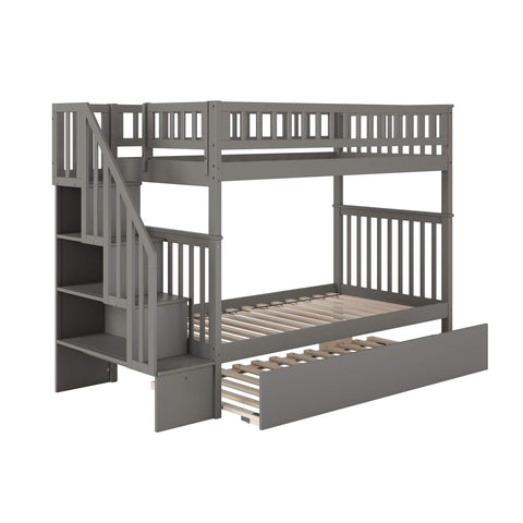 Atlantic Furniture Woodland Staircase Bunk Bed Twin Over Twin with Twin Size Urban Trundle Bed in Grey