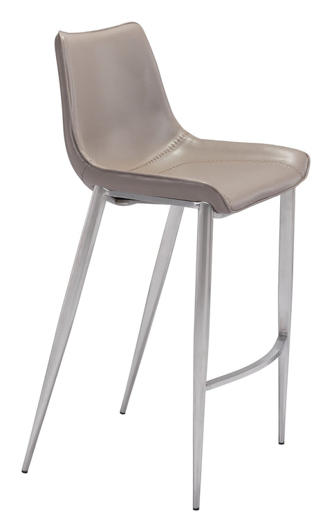 Zuo Magnus Barstool (Set of 2) Brown & Silver, Brown Barstool, Modern Style, Faux Leather, Plush and Durable Faux Leather Fabric, Plywood, Indoor Bar, 20.7" W x 21.7" D x 43.3" H