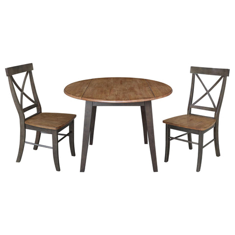 IC INTERNATIONAL CONCEPTS 42" Round Solid Wood Dual Drop Leaf Table with 2 Chairs in Hickory/Washed Coal