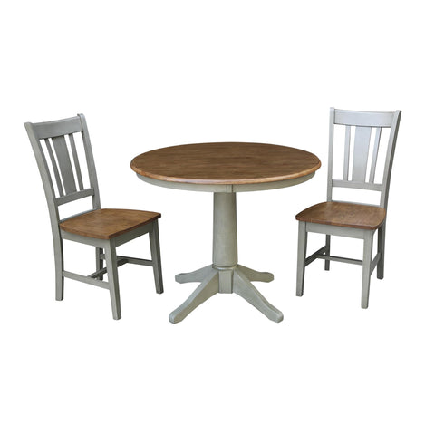 IC INTERNATIONAL CONCEPTS 36" Round Solid Wood Distressed Hickory/Stone Dining Table with 2 Chairs