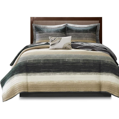 Oakestry 8-Pc Geometric Pattern Essentials Saben Cozy Bed in a Bag for All Season Complete Cotton Sheet Set Reversible Coverlet, Queen(90"X90"), Stripes Taupe