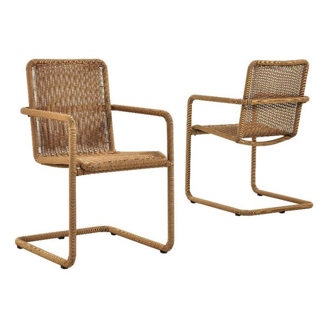 Modway Abacus Outdoor Wicker Dining Chairs Set of 2 in Natural-Wicker Patio Chairs w/Cantilever Steel Frame - All-Weather Modern Mid Century Accent Chairs - Outdoor Rattan Chairs w/Armrest