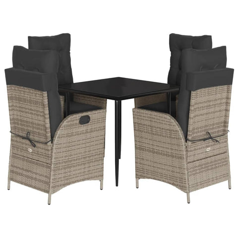 vidaXL 5 Piece Patio Dining Set - PE Rattan Furniture with Cushions, Tempered Glass Table, Adjustable Reclining Chairs - Gray