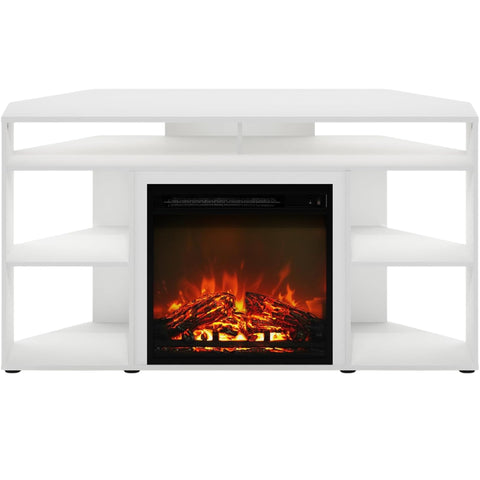 Oakestry Jensen Corner TV Stand with Electric Fireplace for TVs up to 55", Solid White, Modern Media Console