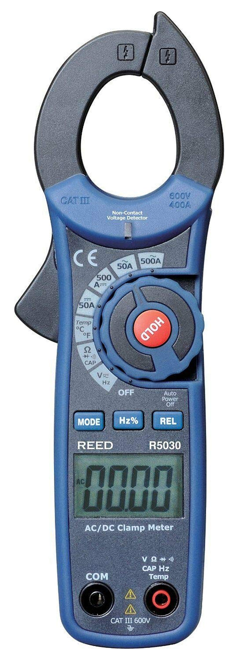 REED Instruments R5030 True RMS AC/DC Clamp Meter with Temperature and Non-Contact Voltage Detector, 500A, Black