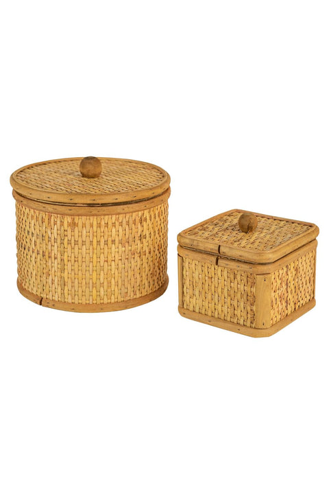 KALALOU Set of Two Round and Square Woven Cane Boxes CEPC1002