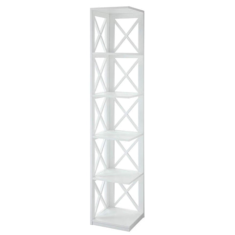 Convenience Concepts Oxford Corner Bookcase 12" - 5-Tier Slim Farmhouse Bookcase for Modern Living & Family Room, Media Storage Organizer for Home Office Library, Tall Shelving Unit, White