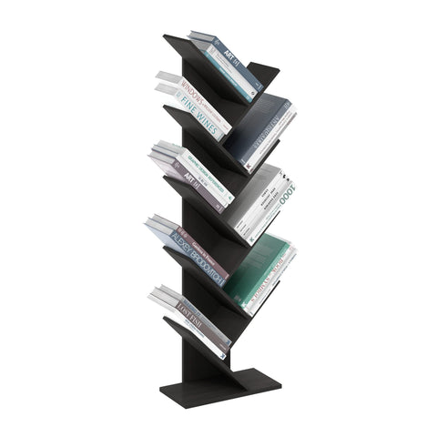 Furinno TREE Book Shelf, 9-Tier Bookshelf, Tree Bookcase with Angled Open Shelf, 8.4 x 15.7 x 50.9, for Room Decor, for Living Room, Bedroom, Home Office, Espresso