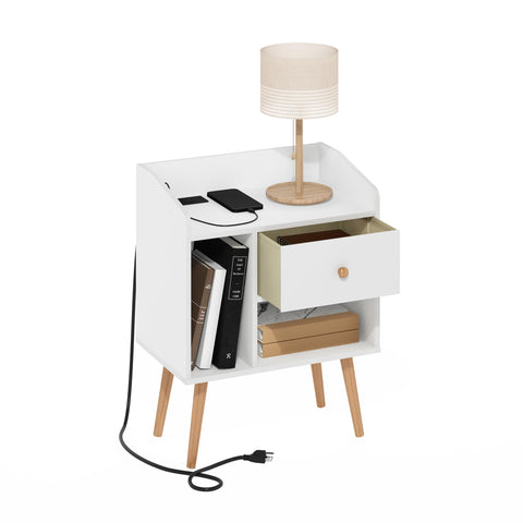 Furinno Claude Side Table, Mid Century End Table with Charging Station, Wooden Legs Night Stand, Bedside Table with USB and Type-C Charging Port, for Living Room, Bedroom, White